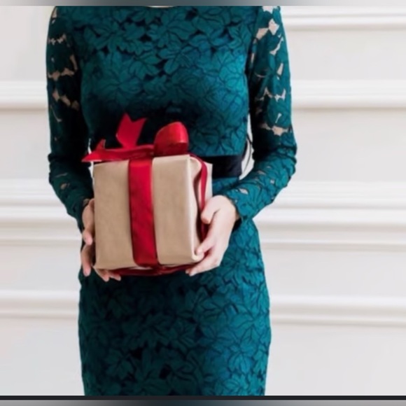 Emerald Green Lace Holiday New Years Eve Long Sleeve Evening Open Back Dress - Picture 1 of 16